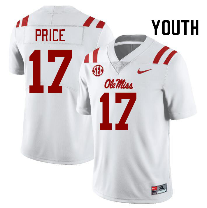 Youth #17 Devin Price Ole Miss Rebels College Football Jerseys Stitched-White